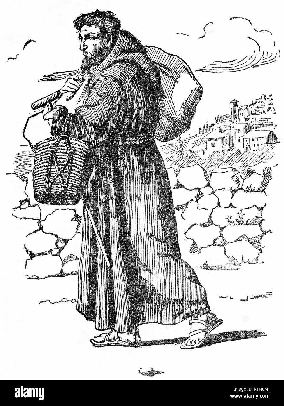 Engraving of a lay capuchin friar. From an original engraving in the Historian's History of the World, 1908 Stock Photo