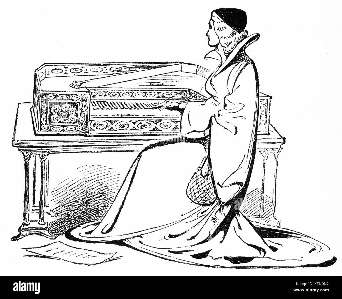 Engraving of a female harpsichord player. From an original engraving in the Historian's History of the World, 1908 Stock Photo