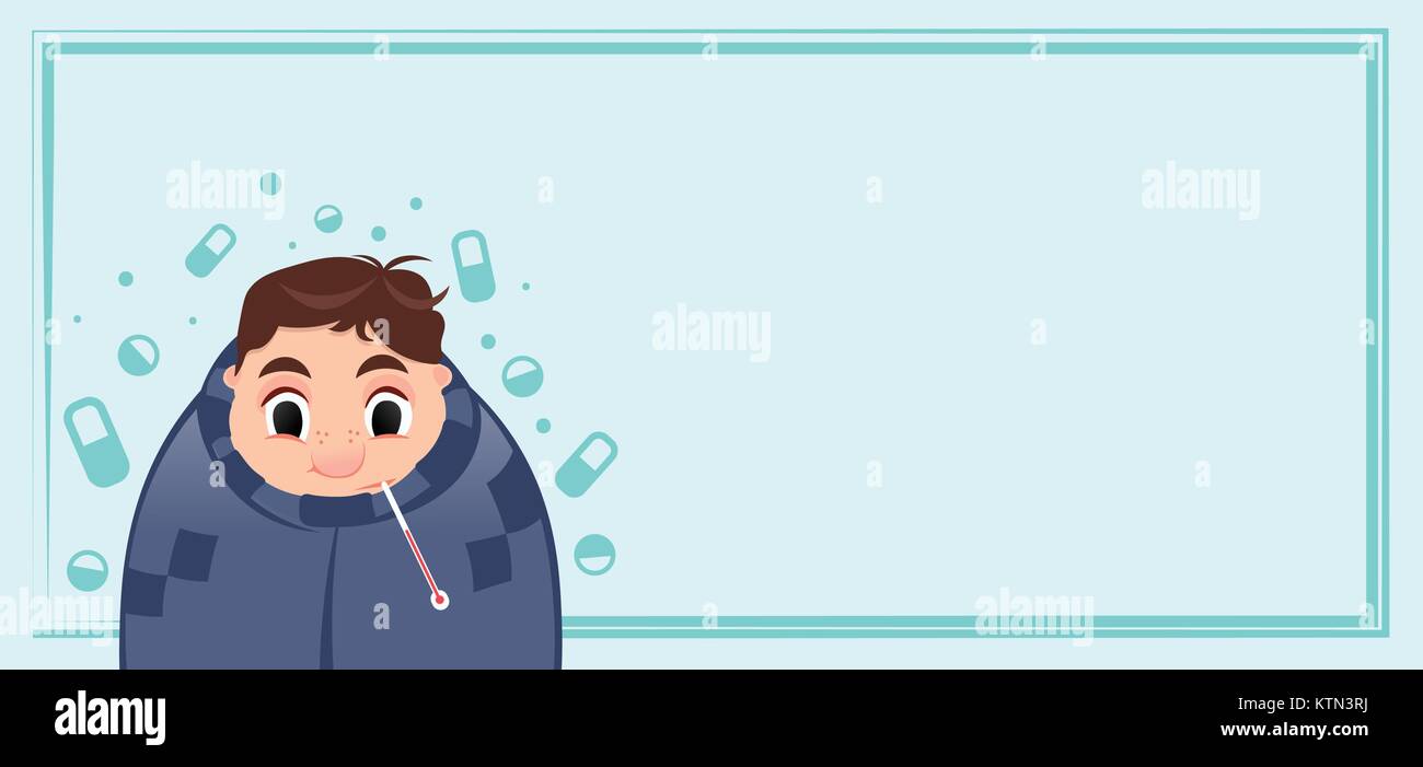 Young man having a cold, holding thermometer in mouth during winter flu season, cartoon style vector illustration Stock Vector