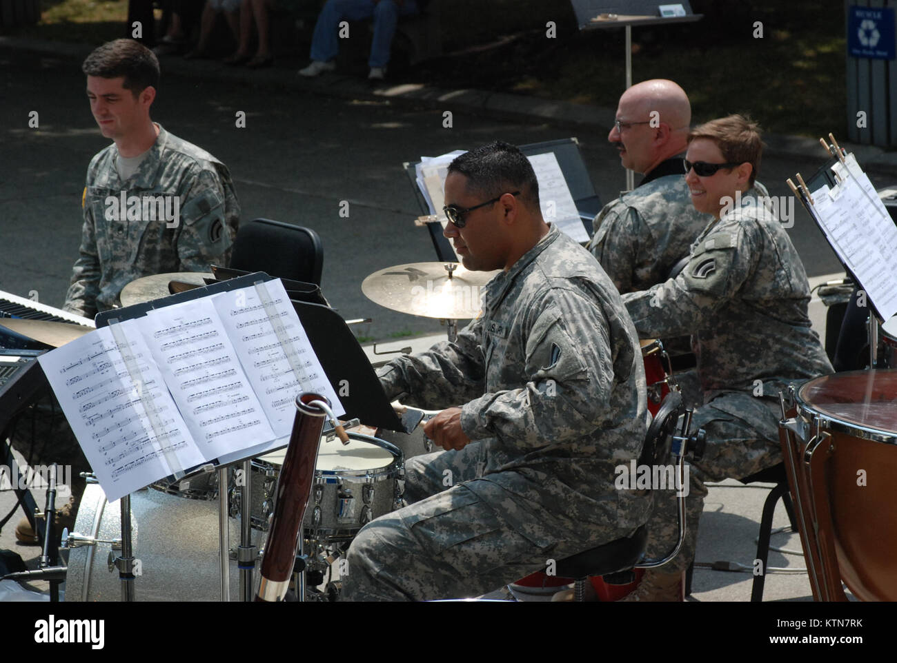 ALBANY, N.Y. -- Members of the New York Army National Guard's 42nd Infantry Division Band percussion section perform at West Capitol Park at the New York State Capitol July 18.  The Soldiers are performing at public venues across New York State as part of their annual training this summer.  The 42nd Infantry Division Band is the musical ambassador for the 42nd Infantry Division, New York Army National Guard.  The band's base of operations is Camp Smith, Cortlandt Manor, NY.  US Army photo by COL Richard Goldenberg, New York National Guard. Stock Photo