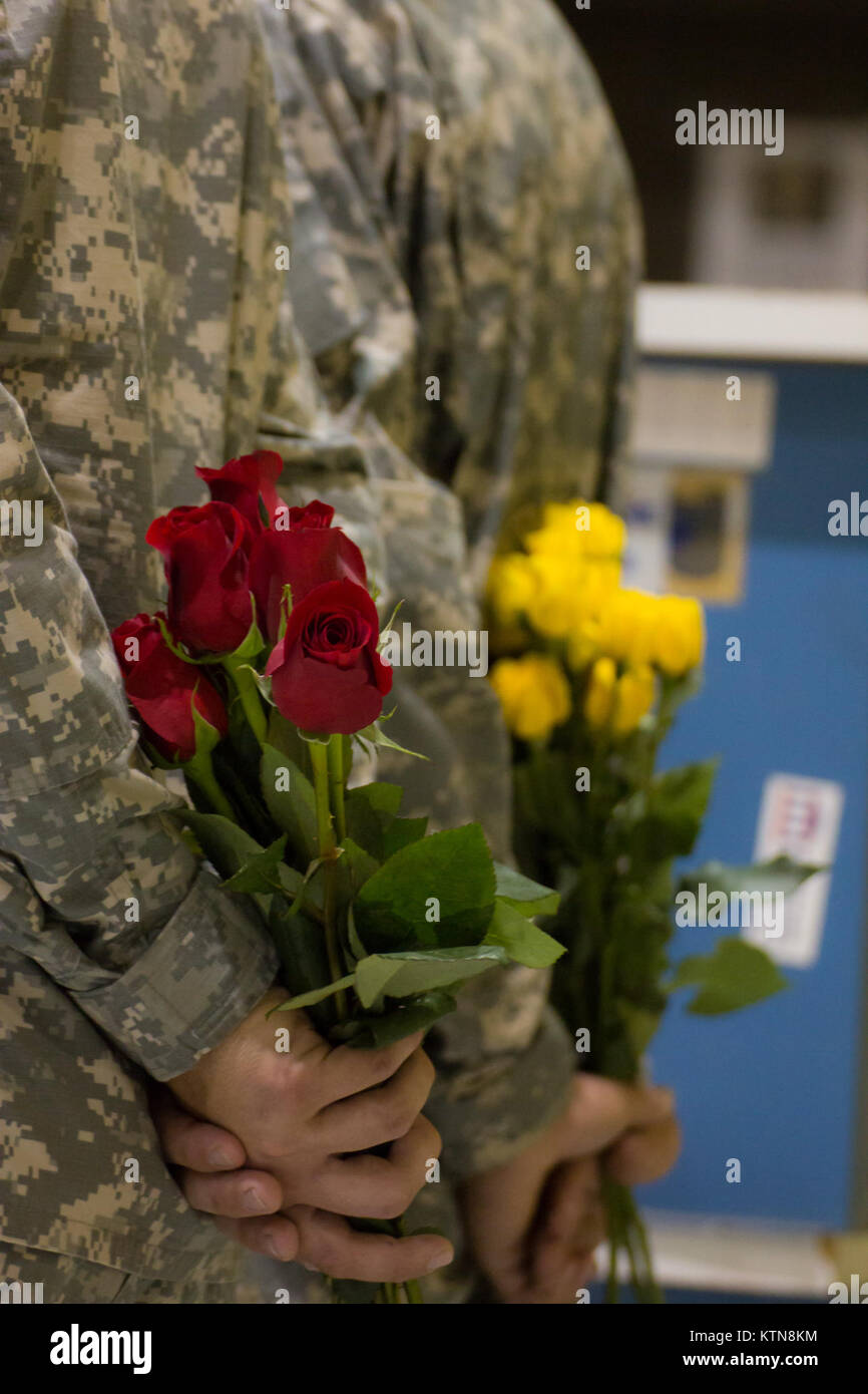 LATHAM, NY -- Soldiers from the 3-142nd Assault Helicopter Battalion hold flowers to be presented to the family members of the ingoing and outgoing commanders during the Changing of Command of the Battalion from Lt. Col. Mark Slusar to Lt. Col. Jeffery Baker  on 7 September, 2012. Stock Photo