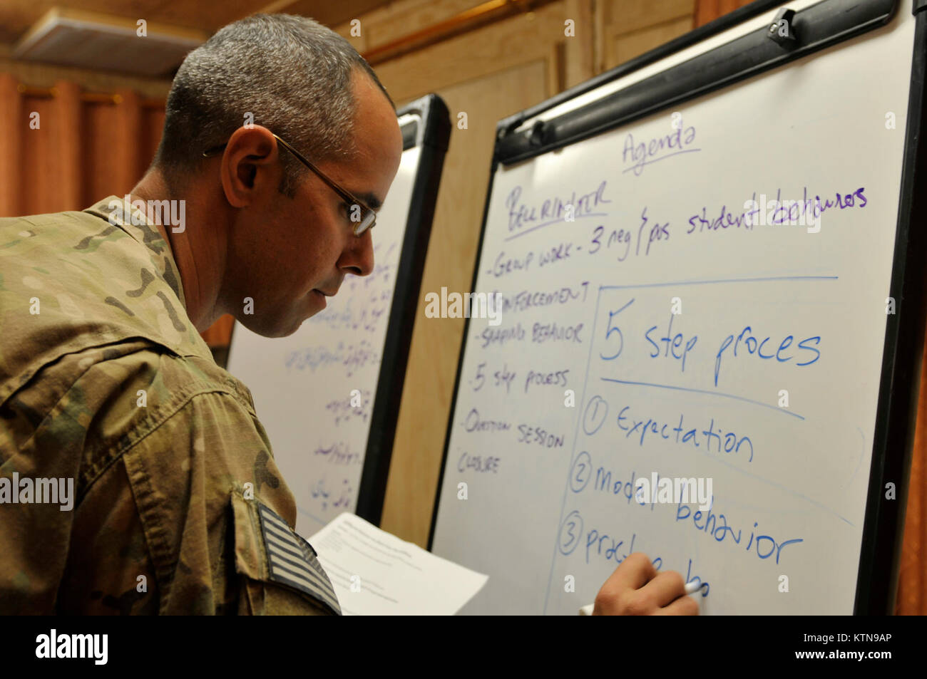 Sgt. Andrew Brechko, a New York National Guardsman from the 27th Infantry Brigade Combat Team, leads a teachers’ seminar held at Forward Operating Base Spin Boldak, Afghanistan, Oct. 12, 2012. The seminar focused on teaching strategies like student assessment, teacher collaboration and establishing clear teaching objectives. Brechko is a native of Binghamton, N.Y Stock Photo