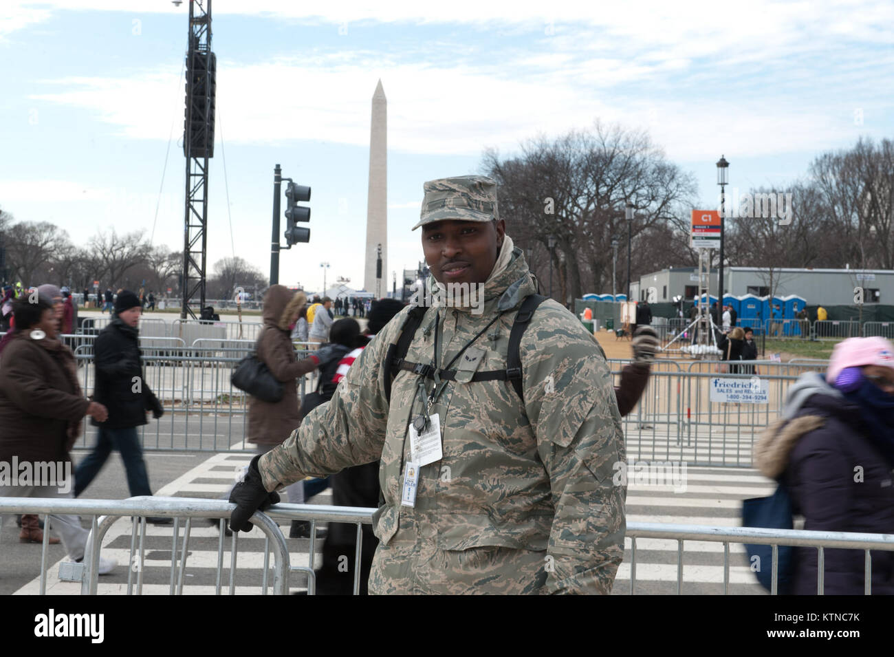 WASHINGTON, D.C. — – Airman 1st Class Damion Myrie, a heavy equipment operator at the 201st Red Horse Squadron, Pennsylvania Air National Guard, Fort Indiantown Gap, Pa., was one of the many National Guardsmen providing crowd control support at the Presidential Inauguration. The 57th Presidential Inauguration was held in Washington D.C. on Monday, January 21, 2013. During the 10-day inaugural period approximately 6,000 National Guard personnel from over 30 states and territories worked for Joint Task Force-District of Columbia, providing traffic control, crowd management, transportation, co Stock Photo