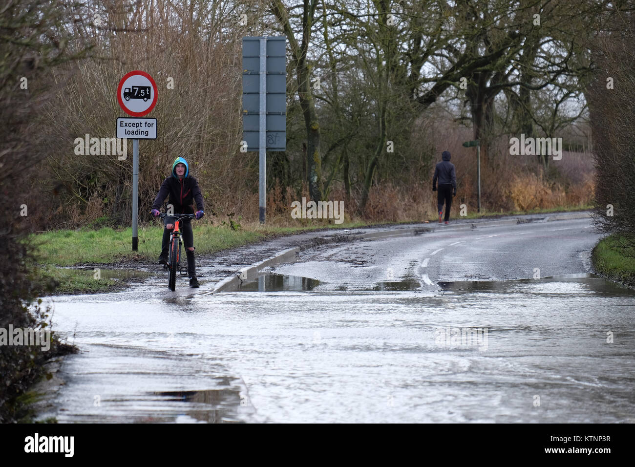 Cyclist looks at flood water on mountsorrel lane in leicestershire after the river soar flooded Stock Photo