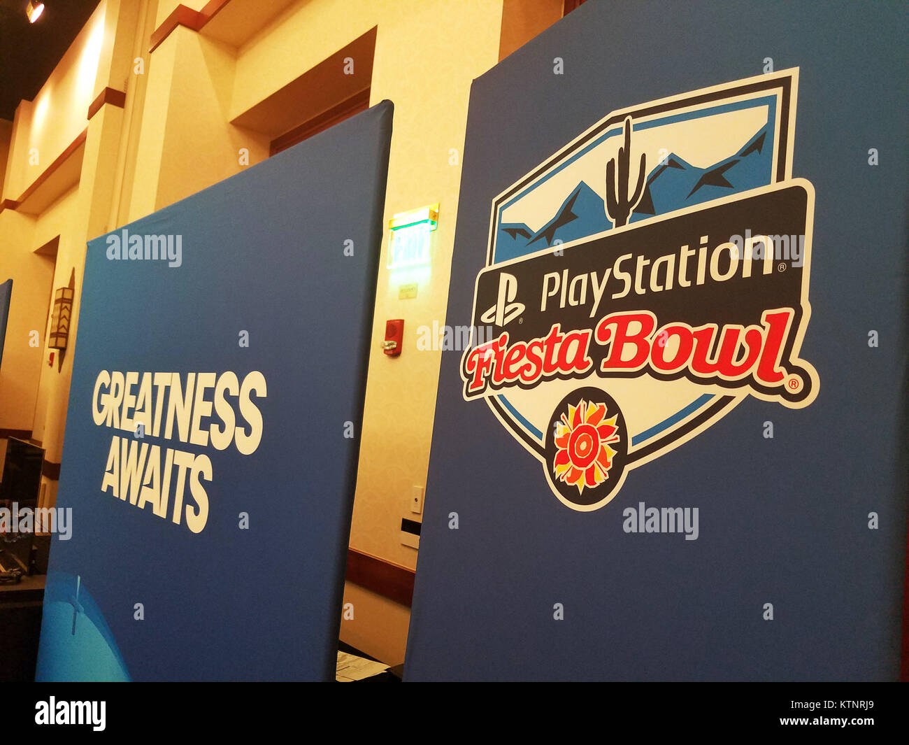 Scottsdale, AZ, USA. 27th Dec, 2017. PlayStation Fiesta Bowl Preview, logos, art, and ambience at the JW Marriott at Camelback Resort, base of all Media operations for the PlayStation Fiesta Bowl in Scottsdale, Arizona on December 27, 2017. (Mandatory Credit: Jose Marin/MarinMedia.org/Cal Sport Media) (Absolute Complete photographer, and credits required).Television, or For-Profit magazines Contact MarinMedia directly.Any Illustrations shown are Copyright of the PlayStation Fiesta Bowl Credit: csm/Alamy Live News Stock Photo