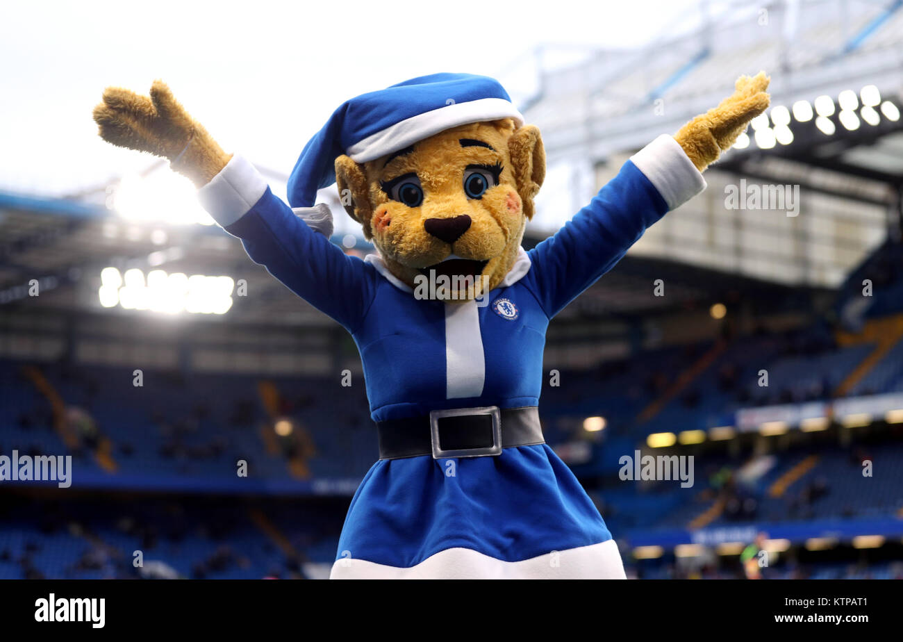 Chelsea mascot Bridget the Lioness wearing a santa claus outfit during the  Premier League match at Stamford Bridge, London Stock Photo - Alamy