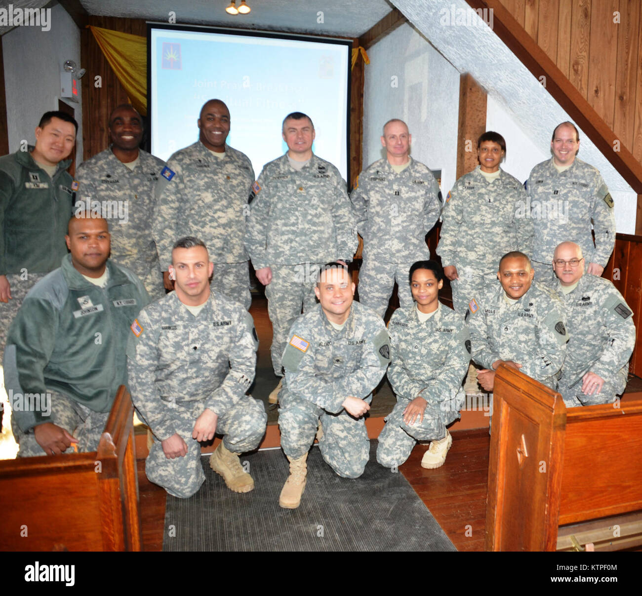 CAMP SMITH TRAINING SITE, CORTLANDT MANOR, N.Y. –  Unit ministry teams from the 53rd Troop Command and the New York Guard pose together after the  joint Prayer Breakfast held at the Chaplain Duffy Chapel and Spiritual Fitness Center on January 10th 2015, which brought together Soldiers and Chaplains of all faiths and denominations to discuss Spiritual Readiness and Soldier resiliency.   The focus of the gathering, led by more than a half dozen military chaplains and lay leaders, emphasized the important role of Spiritual Readiness as part of Soldier resiliency and overall Comprehensive Soldier Stock Photo