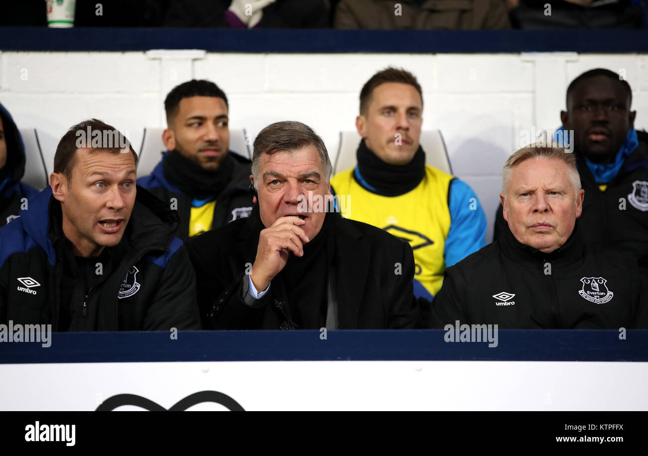 Everton manager Sam Allardyce (centre) with Duncan Ferguson (left) and Sammy Lee (right) during the Premier League match at The Hawthorns, West Bromwich. Stock Photo