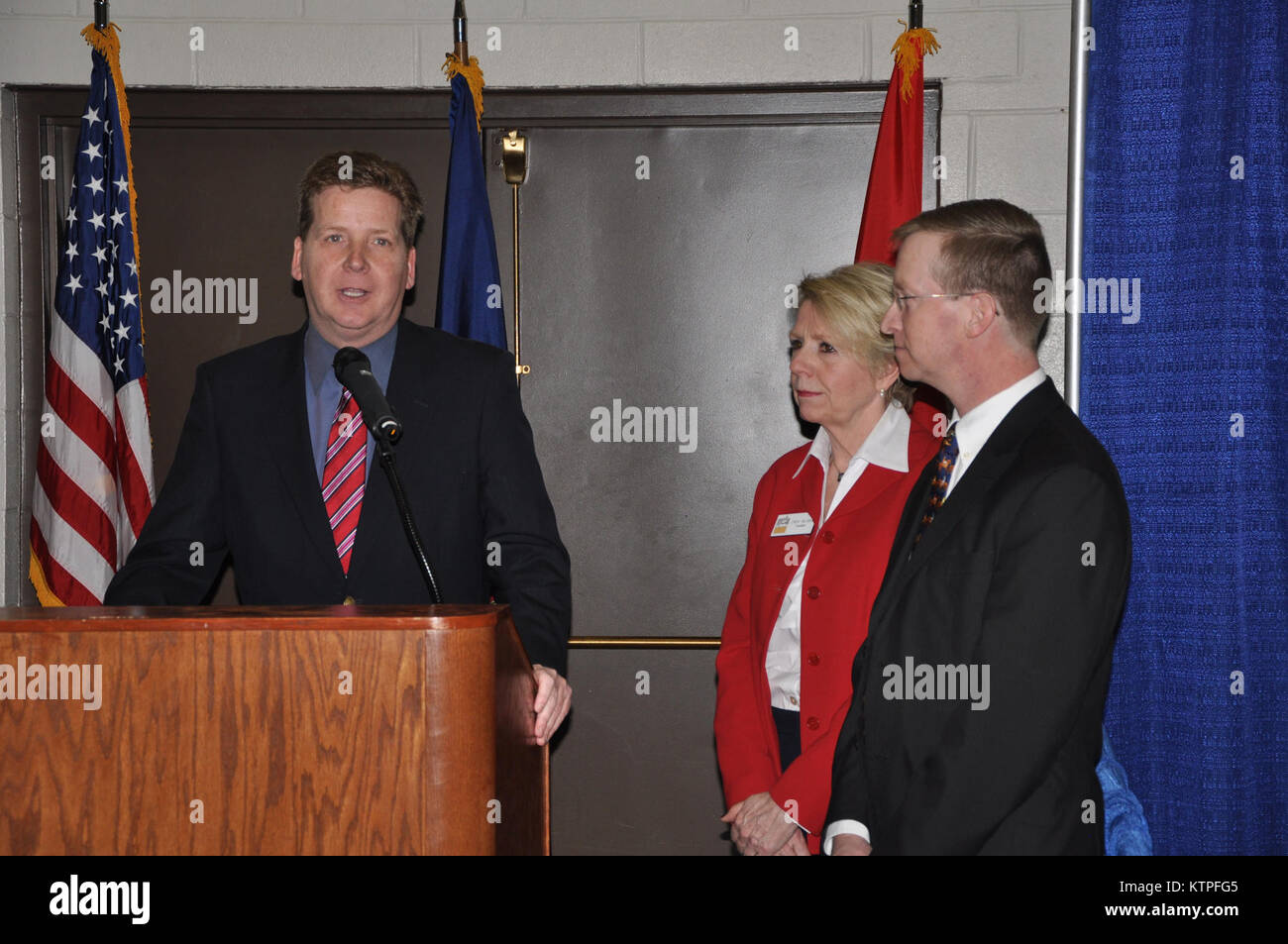 Mark Eagan, President and CEO of the Albany-Colonie Chamber of Commerce speaks during the opening of a Hiring our Heroes job fair sponsored by the U.S. Chamber of Commerce Foundation and hosted by the New York National Guard at New York State Division of Military and Naval Affairs headquarters in Latham, N.Y. on March 5, 2015. (U.S. Army National Guard photo by Master Sgt. Corine Lombardo/Released) Stock Photo