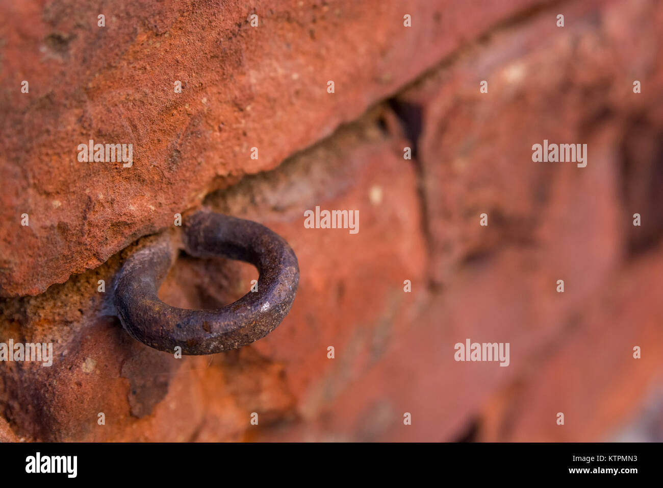 Close-up image of an obsolete metal ring covered with rust on brick ...