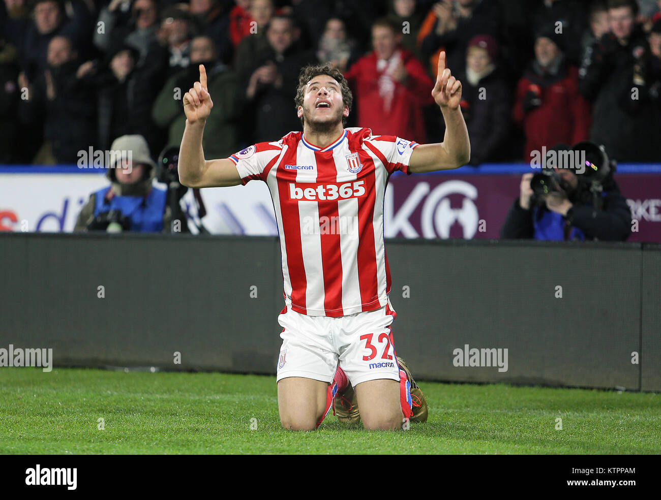 Stoke City's Ramadan Sobhi celebrates scoring his side's first goal of the game during the Premier League match at the John Smith's Stadium, Huddersfield. Stock Photo
