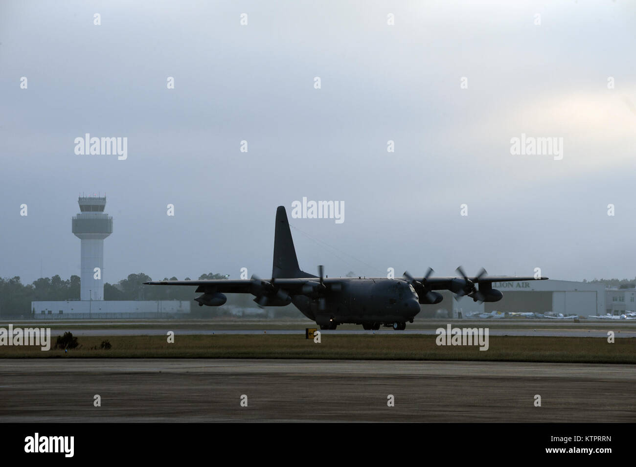 A New York Air National Guard HC-130 Hercules aircraft with the 102nd Rescue Squadron, 106th Rescue Wing lands at the Combat Readiness Training Center in Gulfport, Miss., during Exercise Southern Strike 16, Nov. 5, 2015.  The exercise emphasizes air-to-air, air-to-ground and special forces training opportunities.  (New York Air National Guard / Staff Sergeant Christopher S Muncy / released) Stock Photo