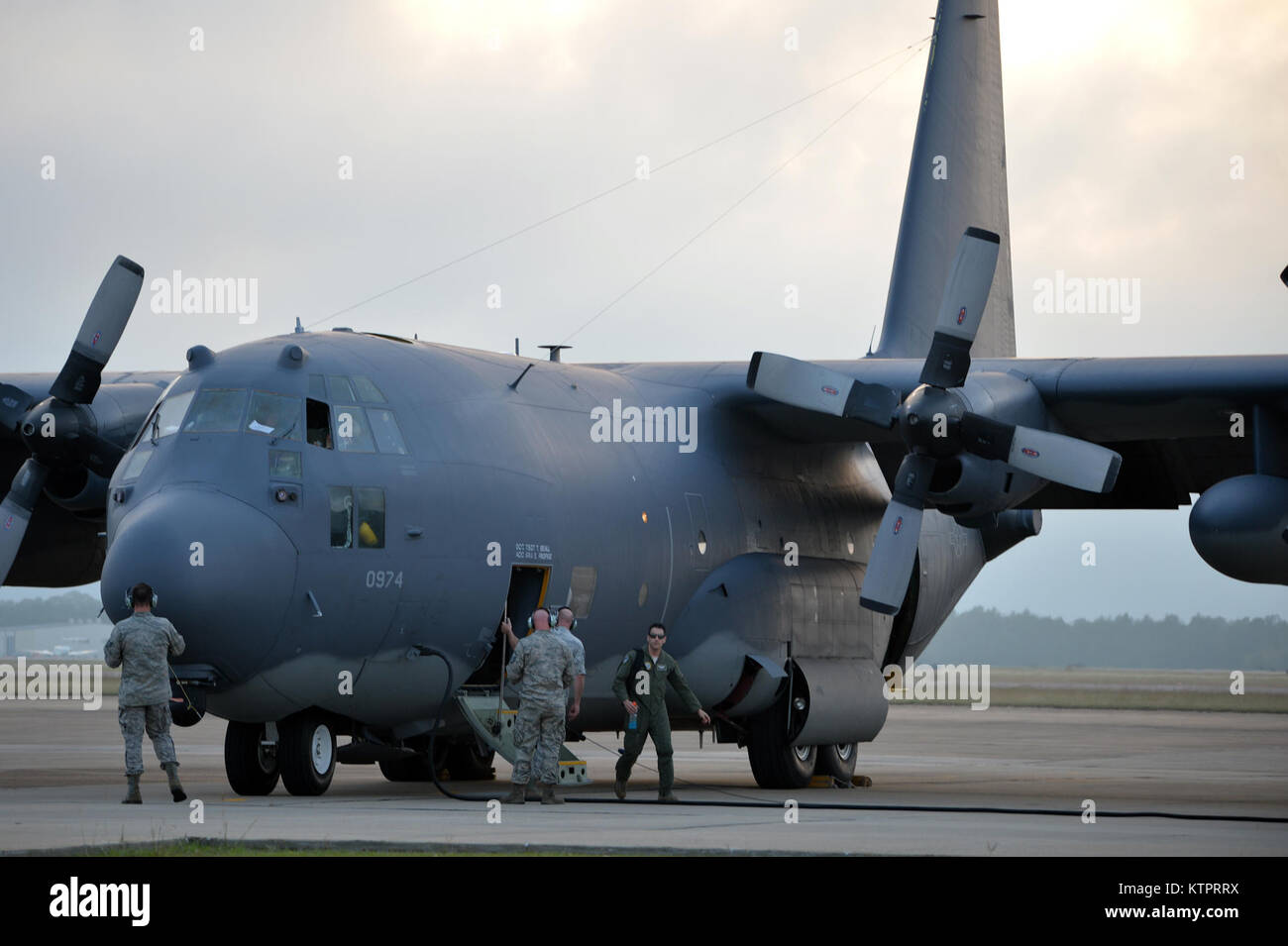 A New York Air National Guard HC-130 Hercules aircraft with the 102nd Rescue Squadron, 106th Rescue Wing lands at the Combat Readiness Training Center in Gulfport, Miss., during Exercise Southern Strike 16, Nov. 5, 2015.  The exercise emphasizes air-to-air, air-to-ground and special forces training opportunities.  (New York Air National Guard / Staff Sergeant Christopher S Muncy / released) Stock Photo