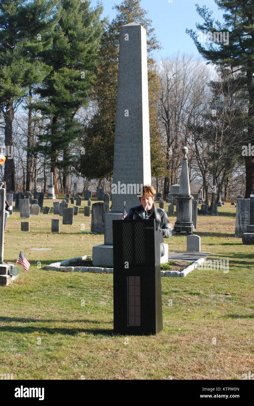 Kinderhook Village Mayor Carol Weaver opens a ceremony marking the 233rd birthday of President