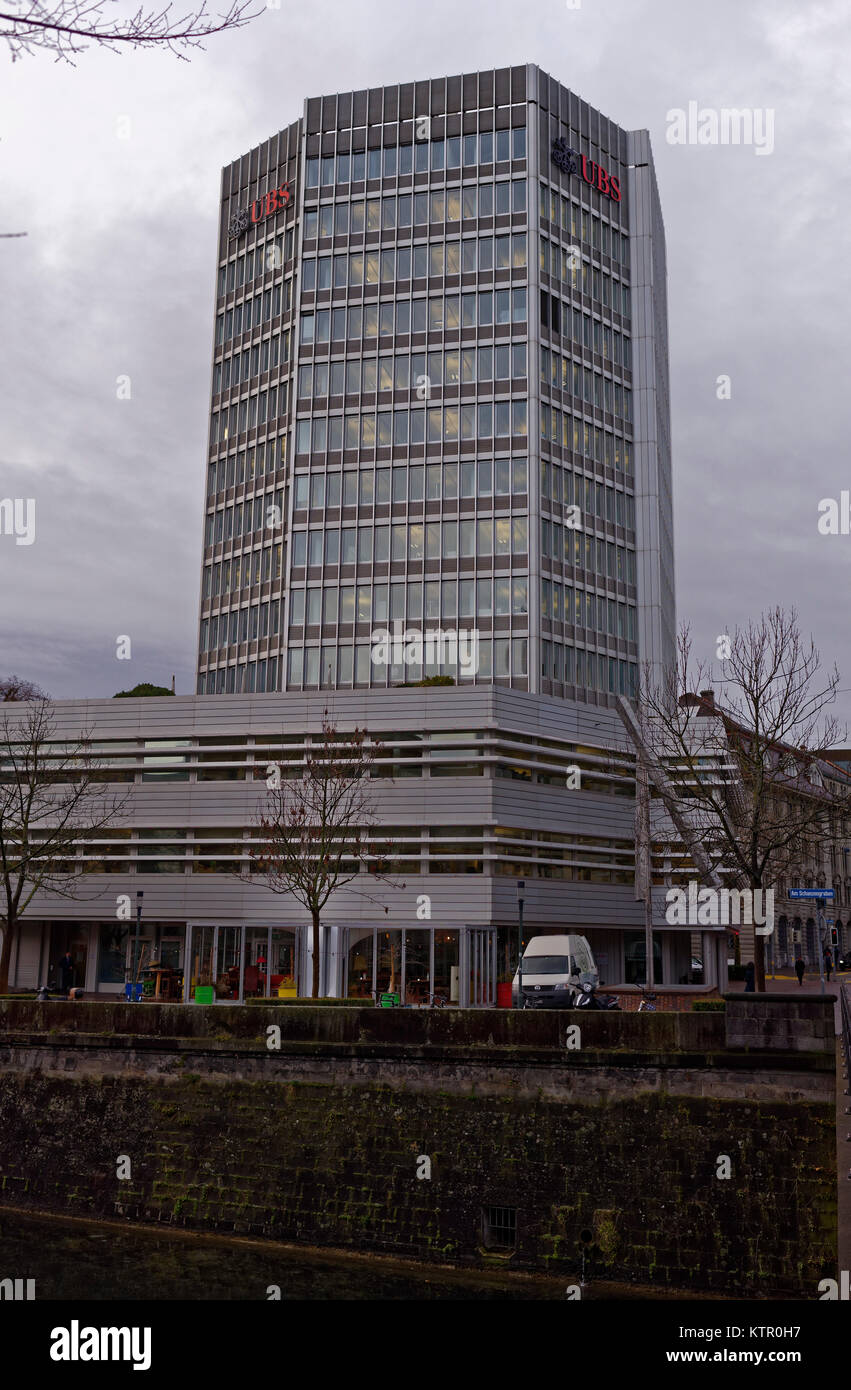 UBS building, former home of Coutts Bank, by the river in Zurich, Switzerland Stock Photo