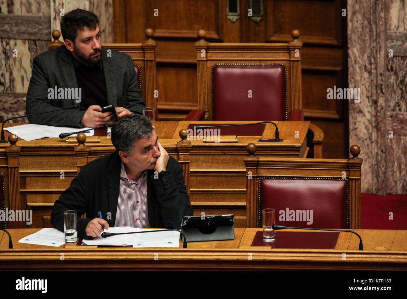 Euclid Tsakalotos, the Greek Finance Minister in Syriza administration, as seen in a state budget debate in the Greek Parliament, in Athens, Greece. Stock Photo