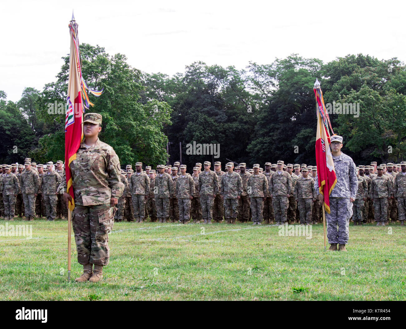 More than 250 New York Army National Guard Soldiers assigned to the 369th Sustainment Brigade participate in a deployment ceremony at Camp Smith Training Site as the brigade prepares to leave New York and deploy to Kuwait, September 7, 2016. (U.S. Army National Guard photo by Sgt. Michael Davis) Stock Photo