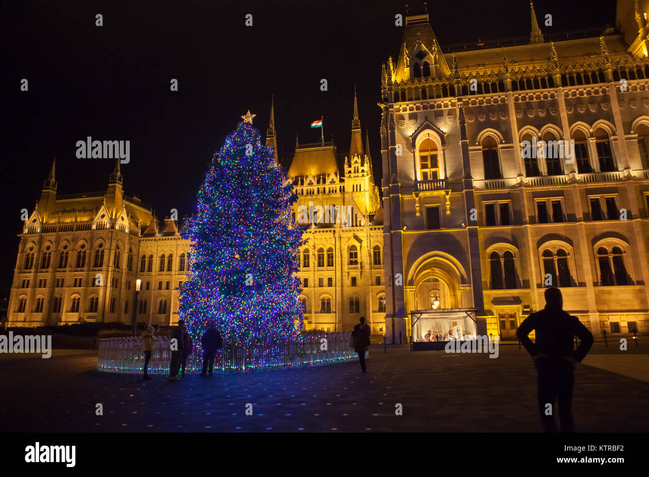 Budapest Parliament by night, Christmas 2017. Large blue Christmas tree