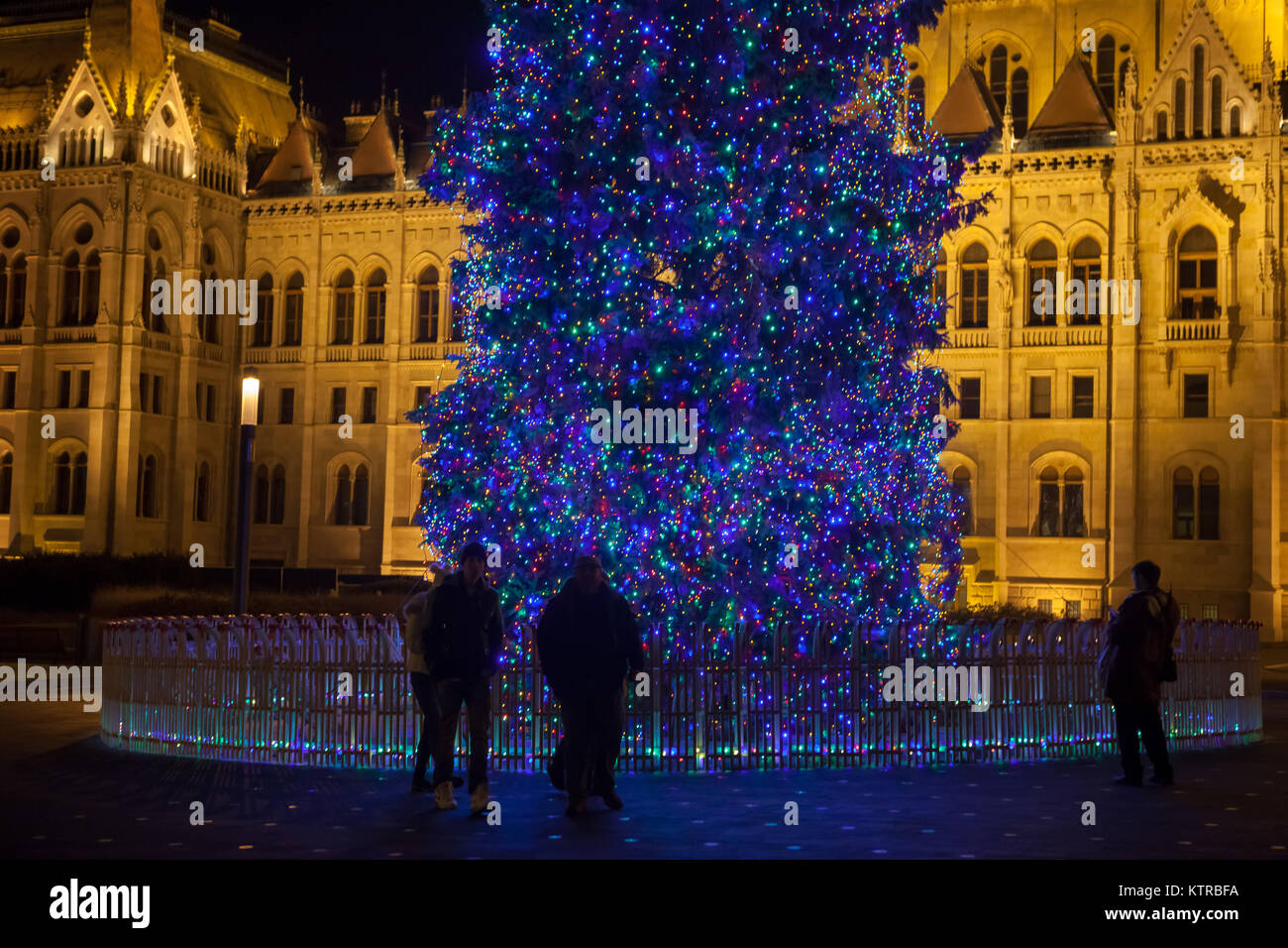 Budapest Parliament by night, Christmas 2017. Large blue Christmas tree