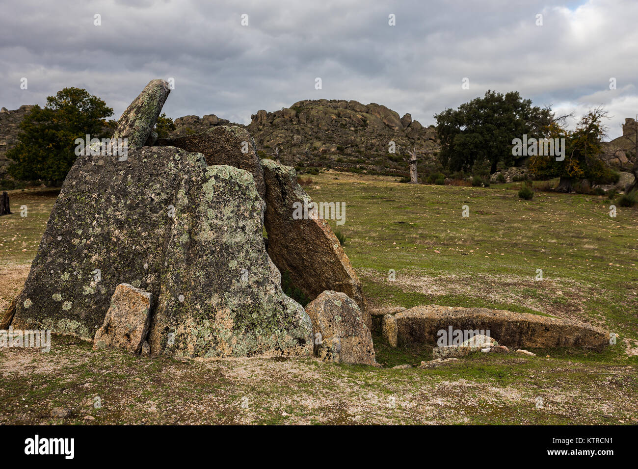 Data I. Dolmen. Chamber with short corridor. It is one the most ancient dolmens known in Valencia de Alcantara, Spain. Stock Photo