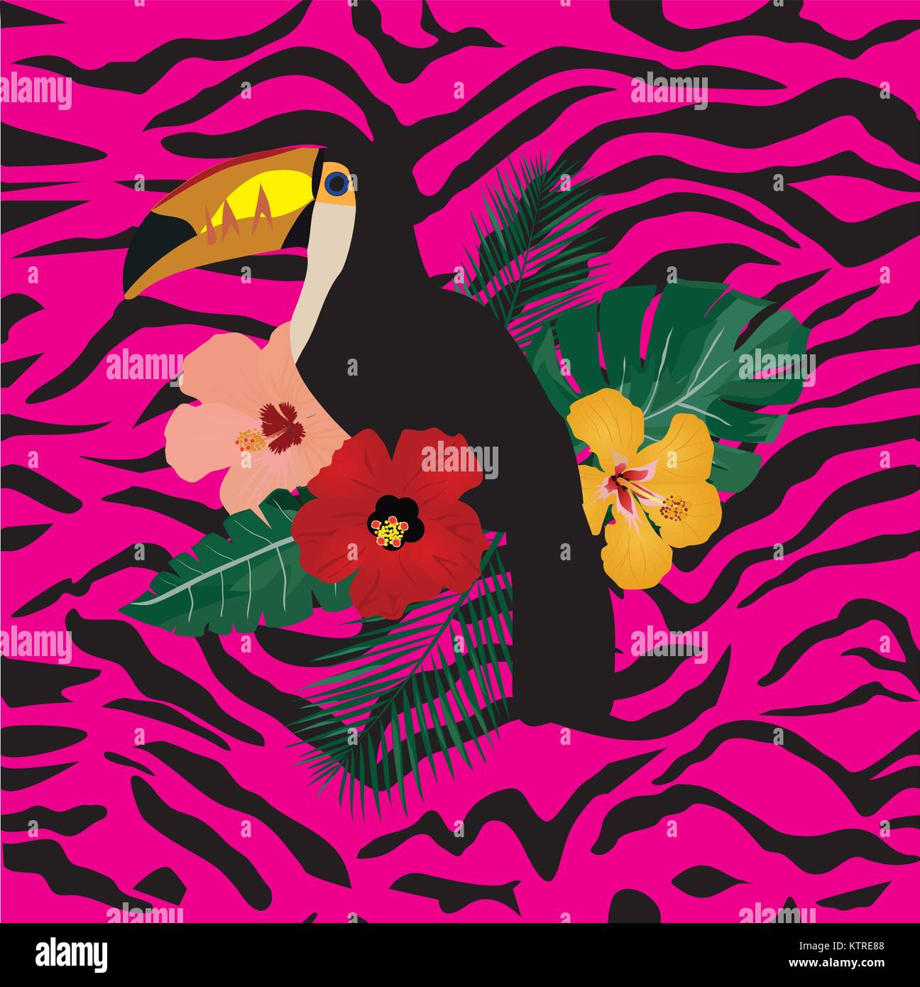 vector illustration of a toucan bird, tropical flowers on pink zebra pattern. Stock Vector