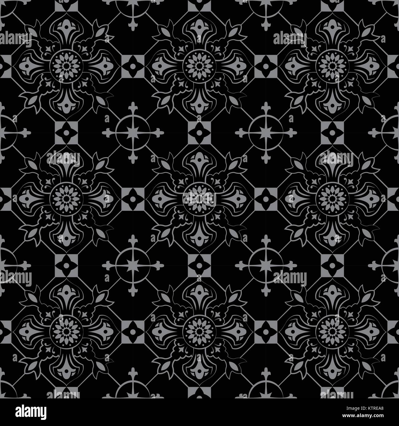 Antique seamless silver background check round cross flower Stock ...
