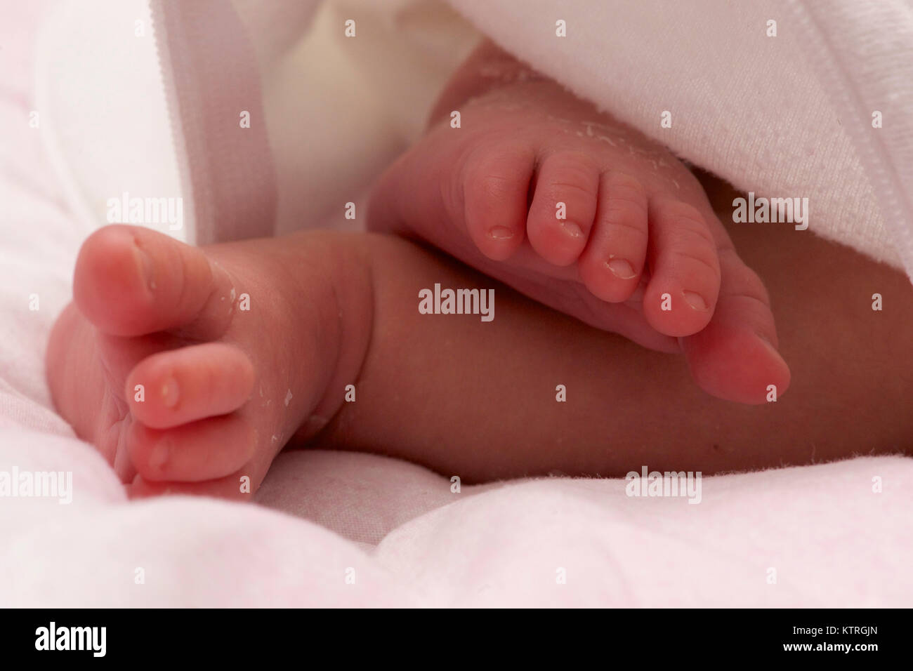 Lovely feet of a newborn female baby at hospital. Stock Photo