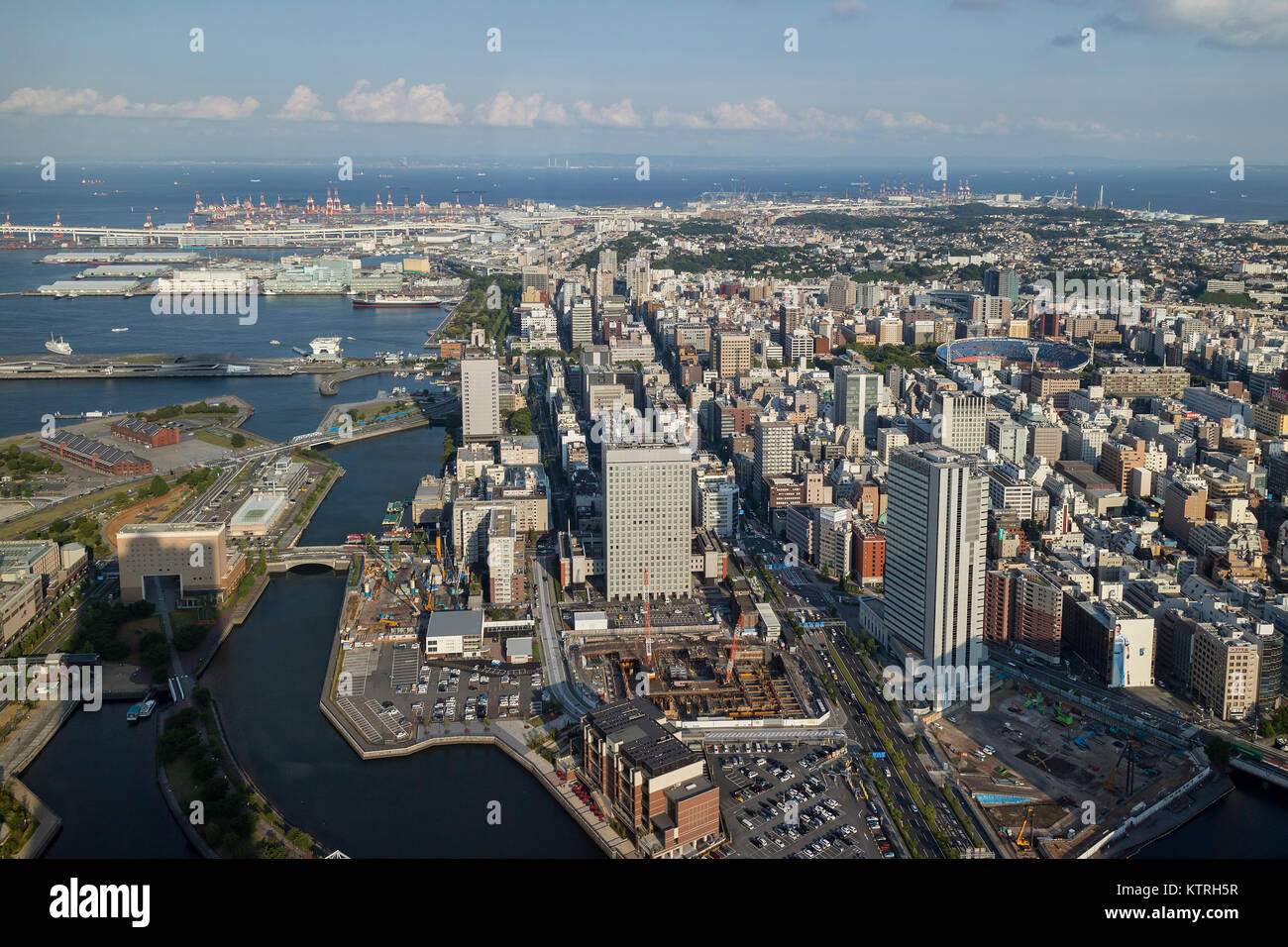 Yokohama - Japan, June 15, 2017 ; Yokohama, Naka ward and harbour viewed from the observation deck of Landmark Tower Stock Photo