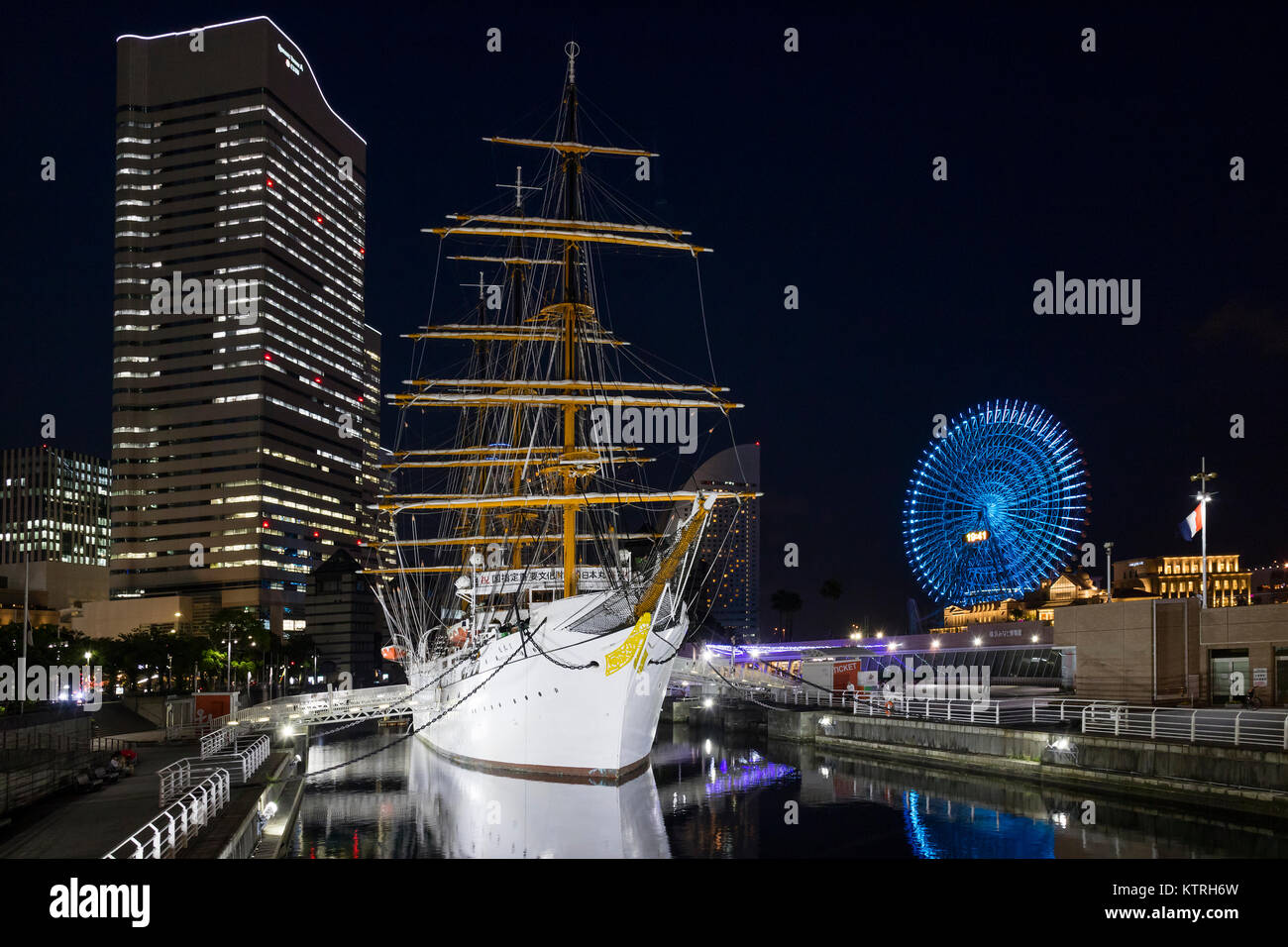 Yokohama - Japan, June 15, 2017: The Nippon Maru Sail Training Ship and Port Museum in Yokohama at twilight Stock Photo