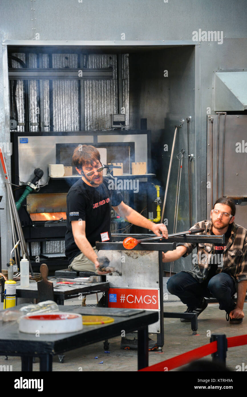 A glass blowing demonstration in the Glass Studio at the Chrysler