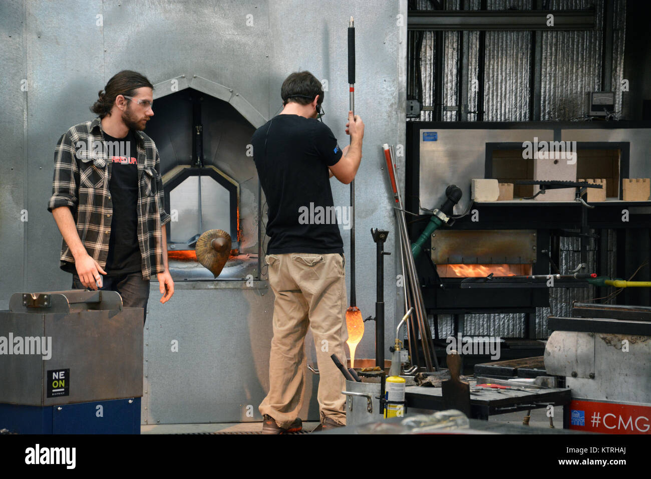 A glass blowing demonstration in the Glass Studio at the Chrysler