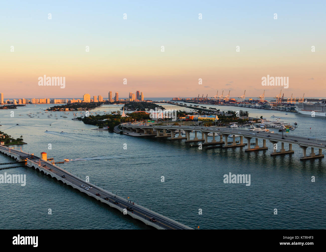 Two Miami Causeways at Sunset over Biscayne Bay Stock Photo