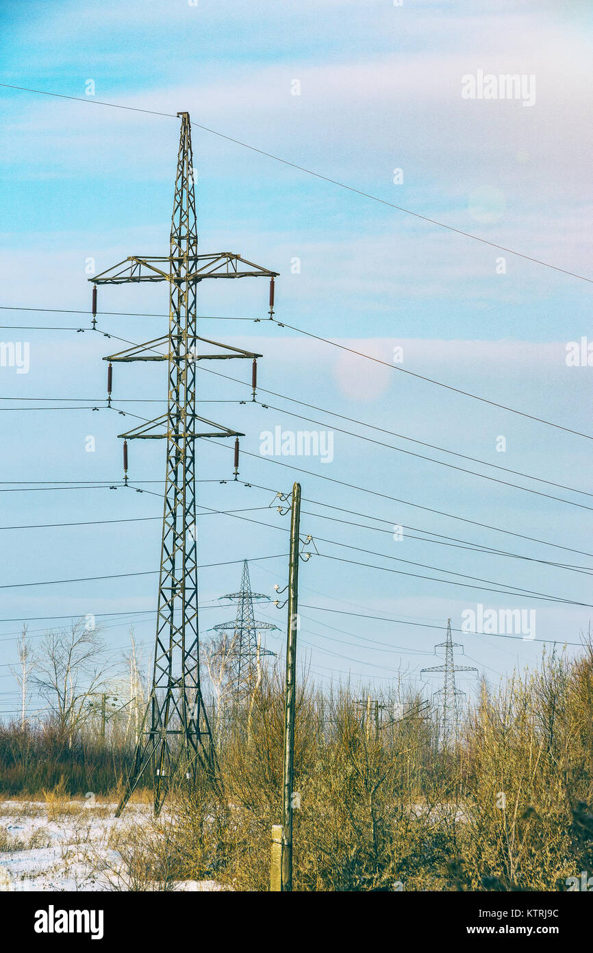Power line in a wooded area Stock Photo