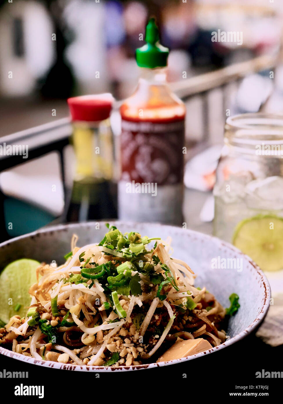 Pad Thai - Asian street food fried noodle dish from Thailand Stock Photo