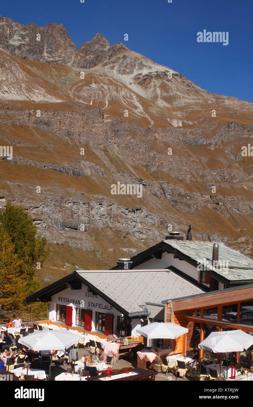 Stafelalp, Berggasthof , Zermatt, Schweiz I  Stafelalp, Restaurant, Zermatt, Switzerland Stock Photo