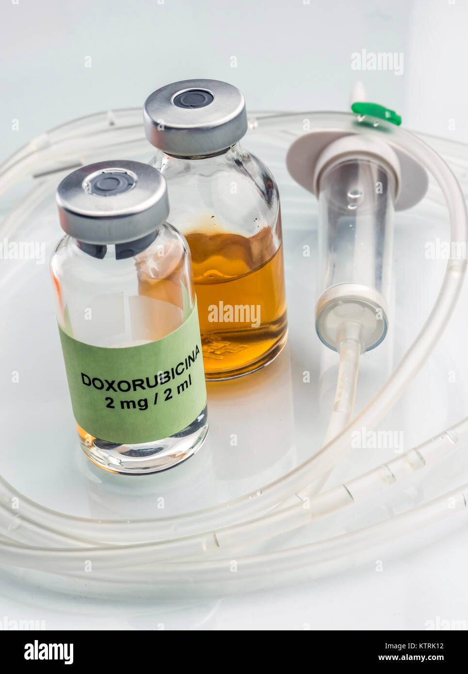 Doxorubicin Vial with drip irrigation, medicine used for acute lymphatic leukemia disease, conceptual image Stock Photo