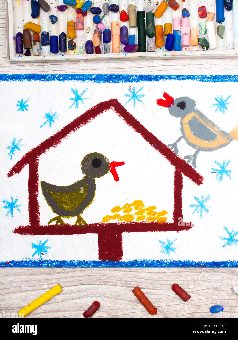 Photo Of Colorful Drawing Bird Feeder Winter And Two Cute Birds