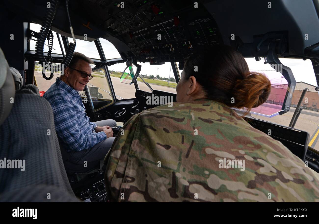 Actor Bryan Cranston sits in a U.S. Air Force MC-130J Commando II aircraft during a USO Tour at the Royal Air Force Mildenhall July 29, 2017 in Bury Saint Edmunds, England. Stock Photo