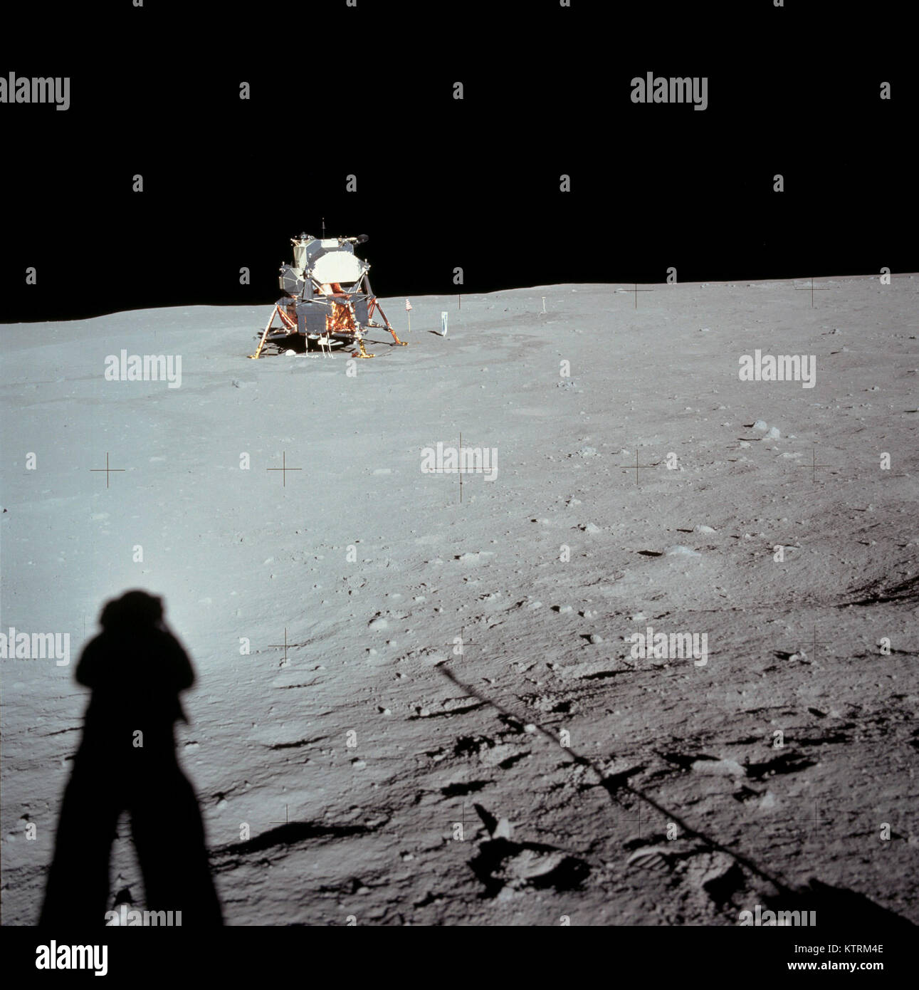 Lunar Module at Tranquility Base was taken by Neil Armstrong during the Apollo 11 mission, from the rim of Little West Crater on the lunar surface. Stock Photo