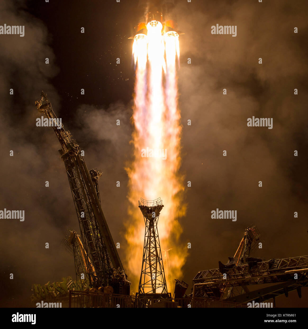 The Soyuz MS-06 spacecraft launches from the Baikonur Cosmodrome with Expedition 53 Stock Photo