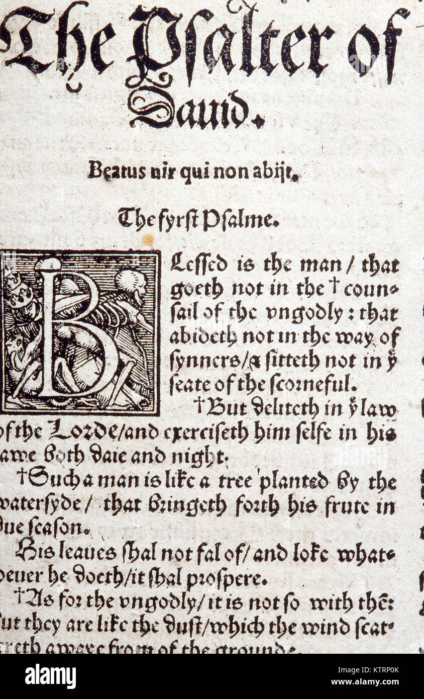 Text of Psalm 1 from the 1550 Coverdale Bible English translation. Courtesy of the Reed Collection at Dunedin Public Library, New Zealand Stock Photo