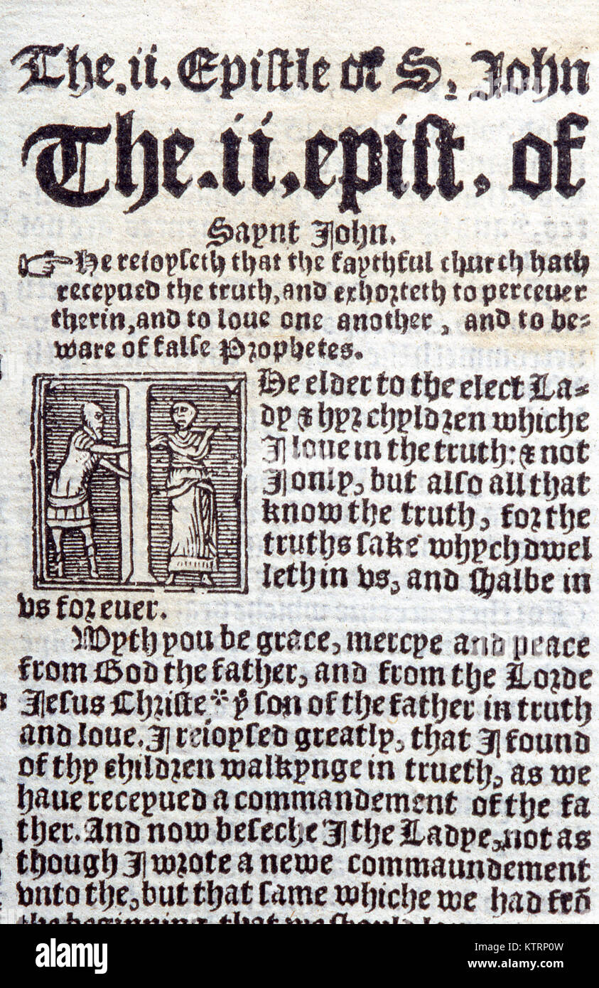 Text of II John from the 1551 Taverner's Bible, English translation. Courtesy of the Reed Collection at Dunedin Public Library, New Zealand Stock Photo