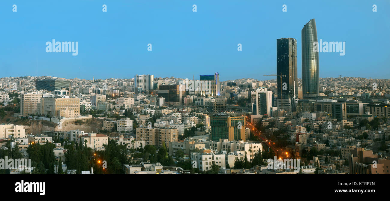 Top view of the new downtown of Amman at night with moon Stock Photo