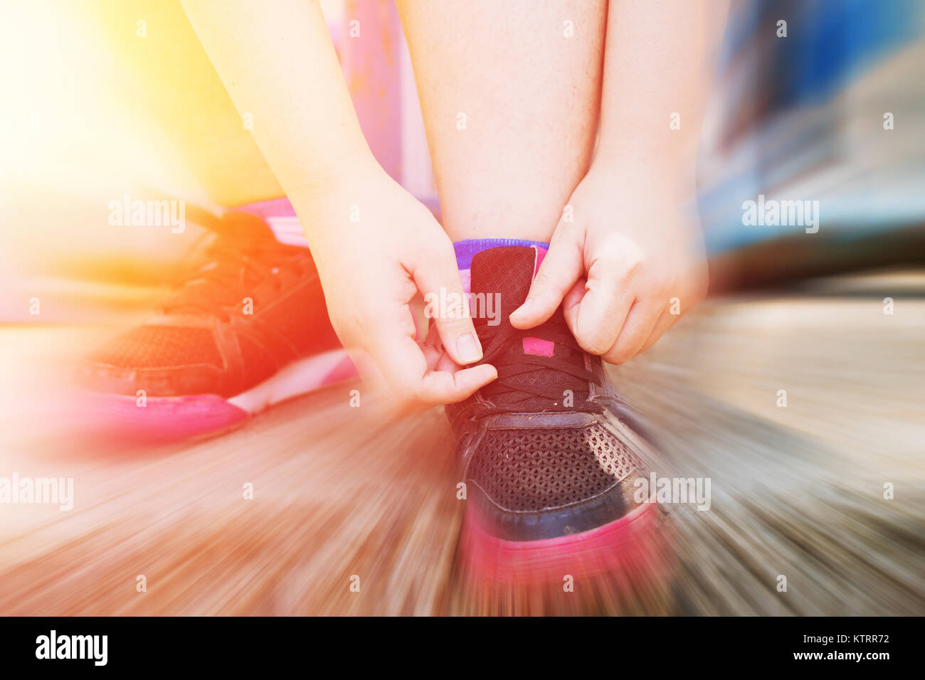 Ready to sport concept Fat women tide her shoes for go exercise healthy diet with blur moving effect Stock Photo