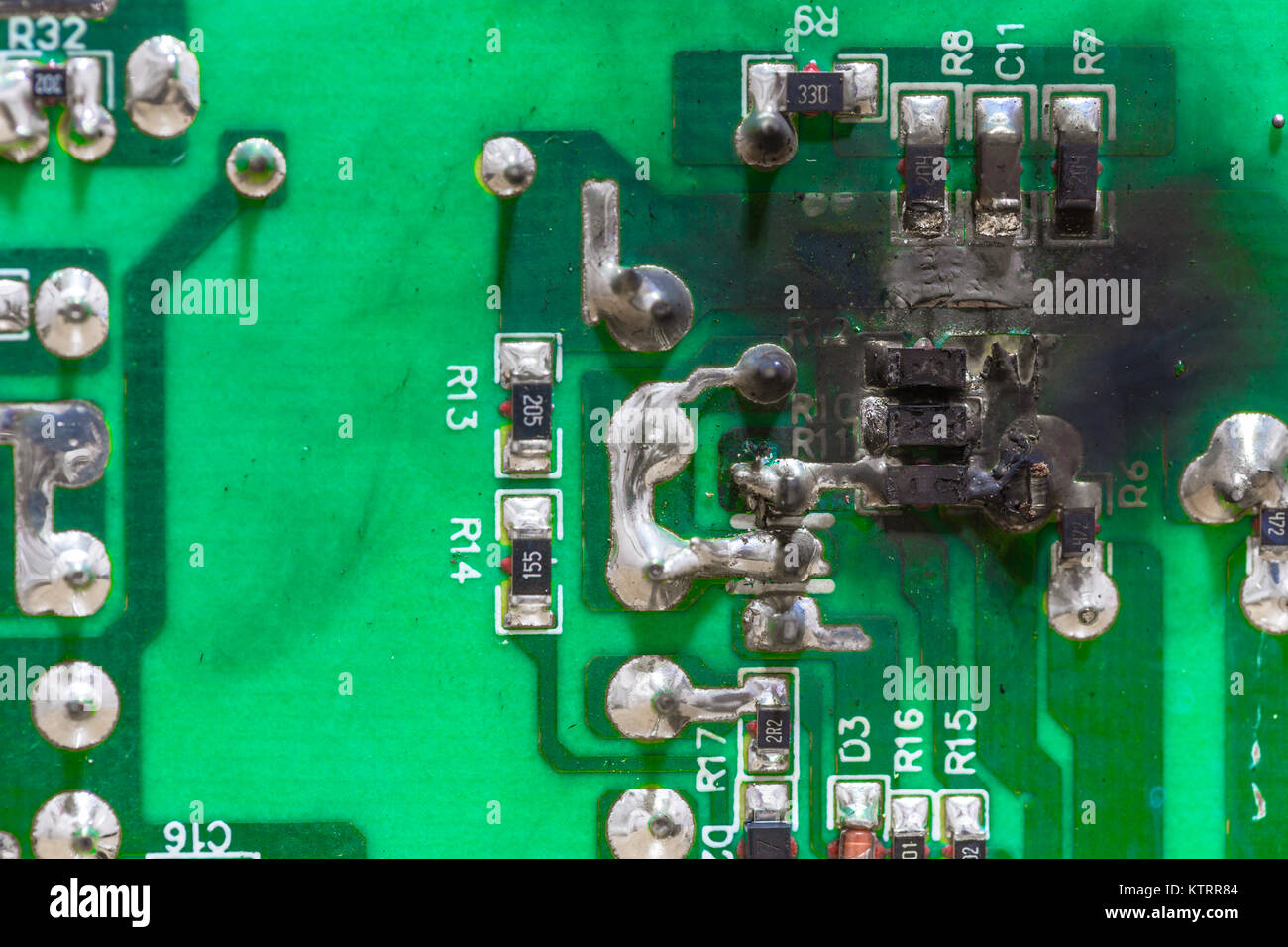 PCB circuit board electricity short circuit and burning Stock Photo - Alamy