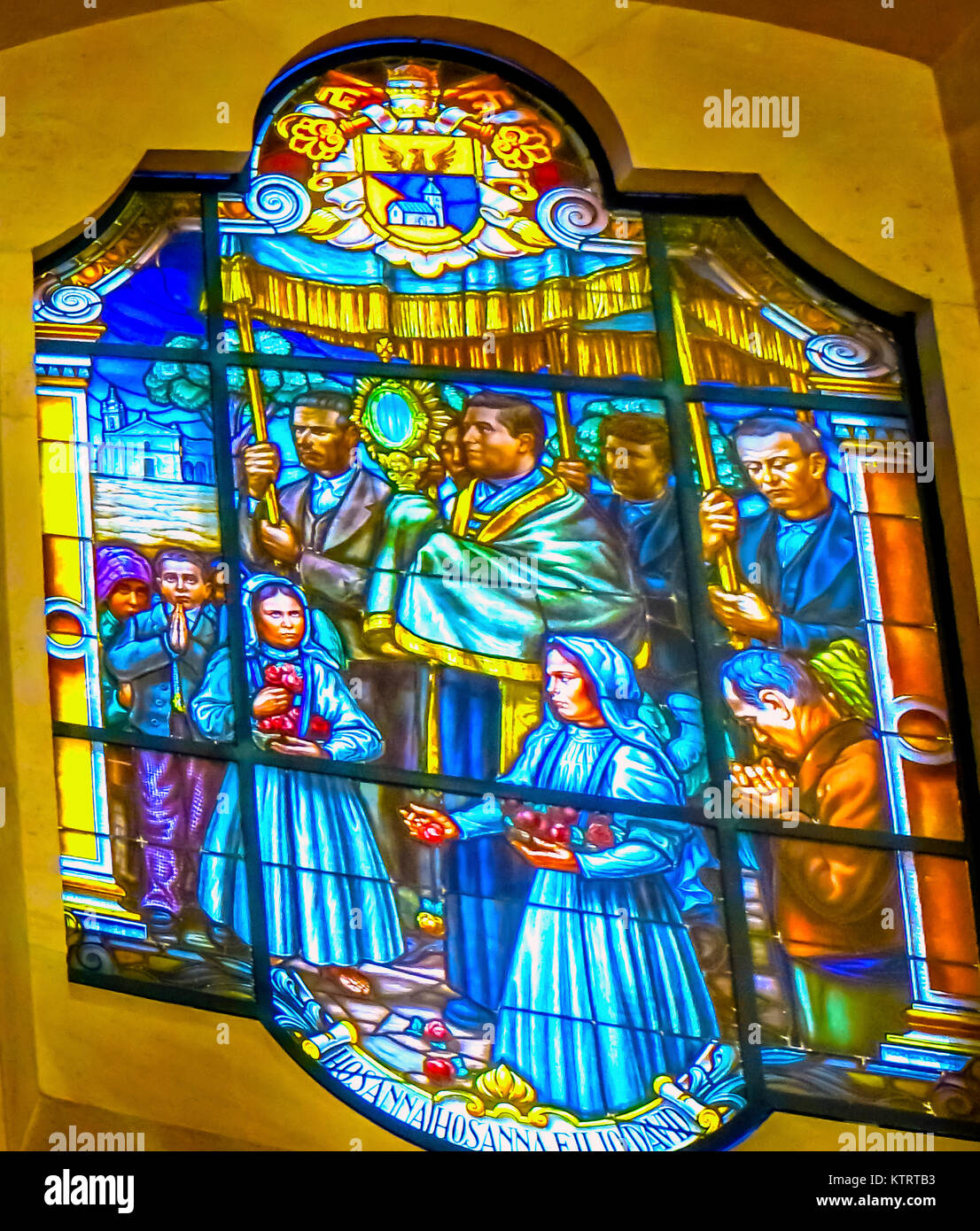 Procession Three Peasant Children Stained Glass Basilica of Lady of Rosary Fatima Portugal. Church created on site where three Portuguese Shepherd chi Stock Photo