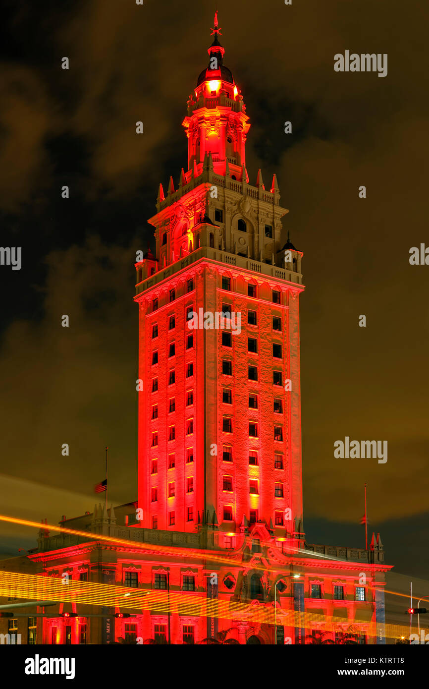 Freedom Tower and light streaks, Miami, Florida USA Stock Photo