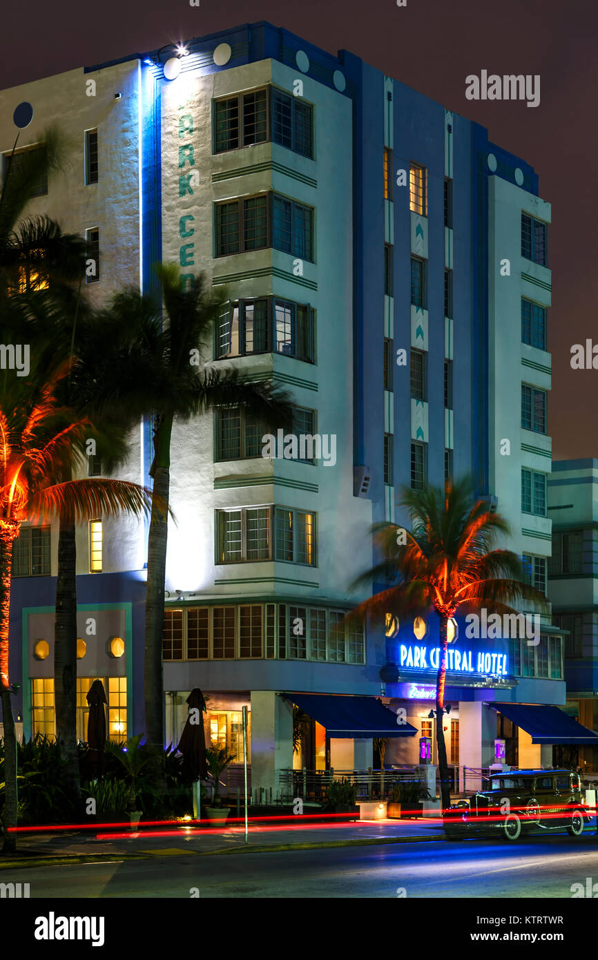 Park Central Hotel and light streaks, South Beach, Miami Beach, Florida USA Stock Photo