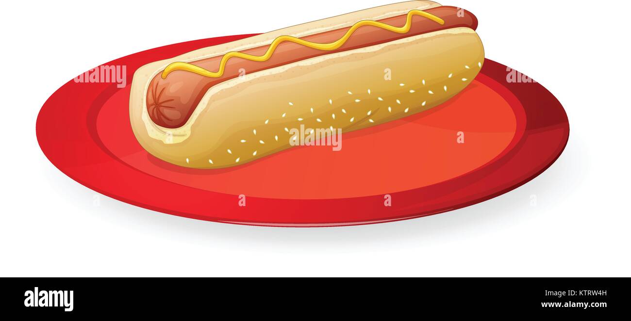 illustration of sausage in bread in plate on a white background Stock