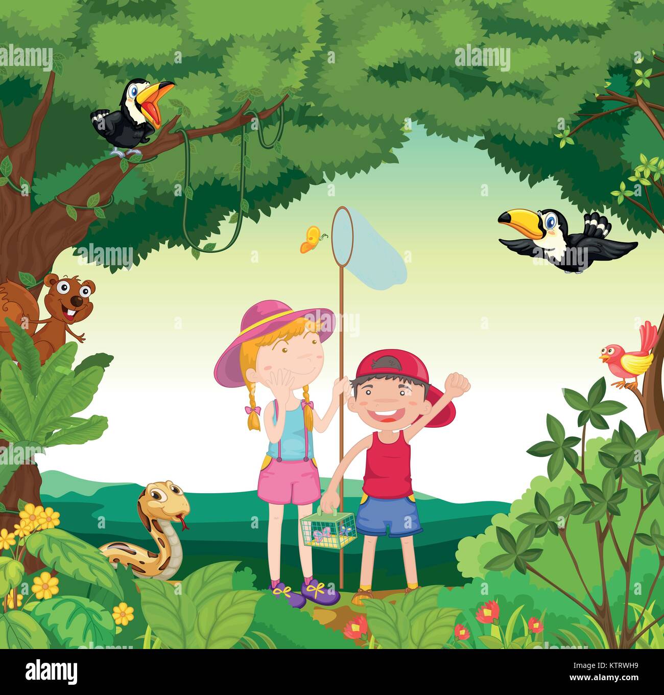 illustration of animals, birds and kids in a beautiful nature Stock Vector  Image & Art - Alamy